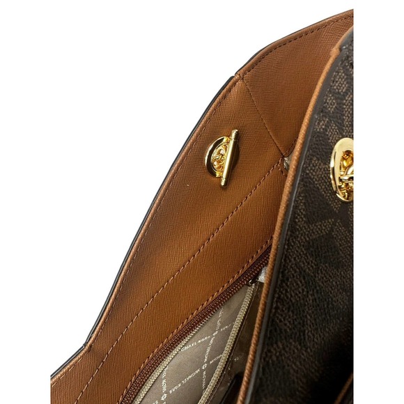 Michael Kors Jet Set Large Leather Brown X Cross Chain Shoulder Tote Hand Bag - Picture 14 of 16